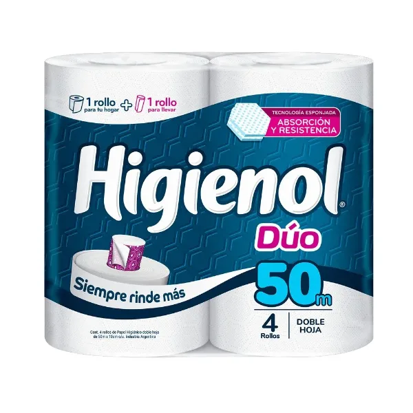 Papel Higienico Higienol Duo Doble Hoja 50mt 4 un.
