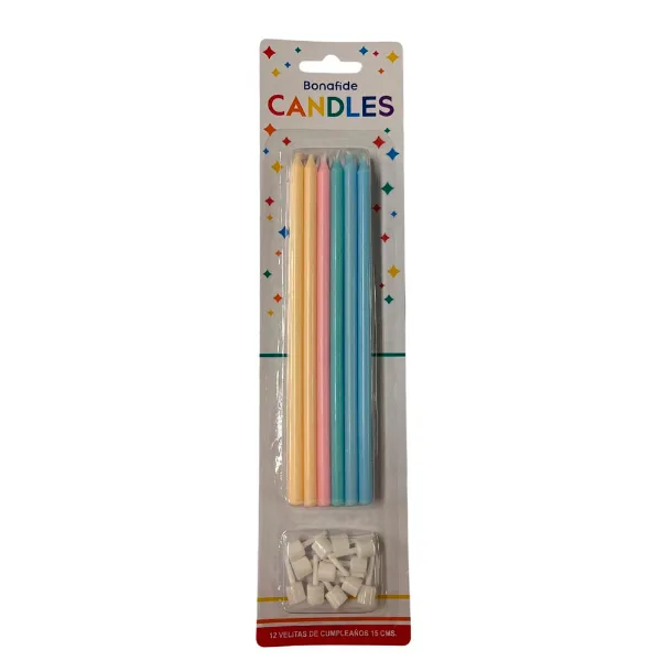 Set de velas color pastel surtidos con soporte 12 un.